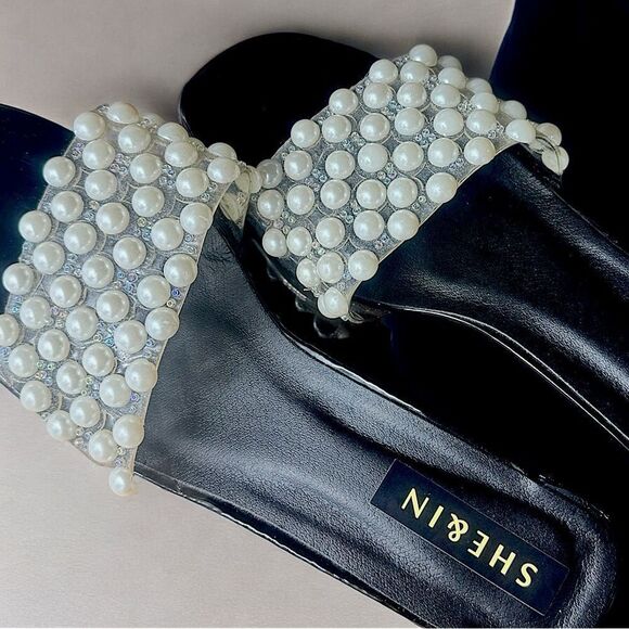 SHEIN l Pearl Endowed Black Heels, Sandals l 2 1/2” heel l 39 l EUC - Picture 5 of 10